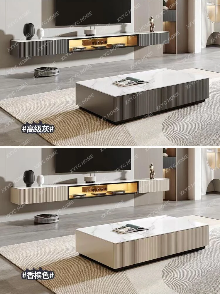 TV Cabinet Simple and Modern Coffee Table Combination Living Room Small Apartment Solid Wood Stone Plate Hanging TV Stand