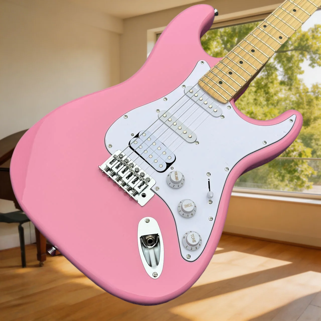 Special Offer Light Pink STSS Rock Electric Guitar White Pickguard Fortune Paulownia Wood Body Maple Fingerboard Fixed Bridge