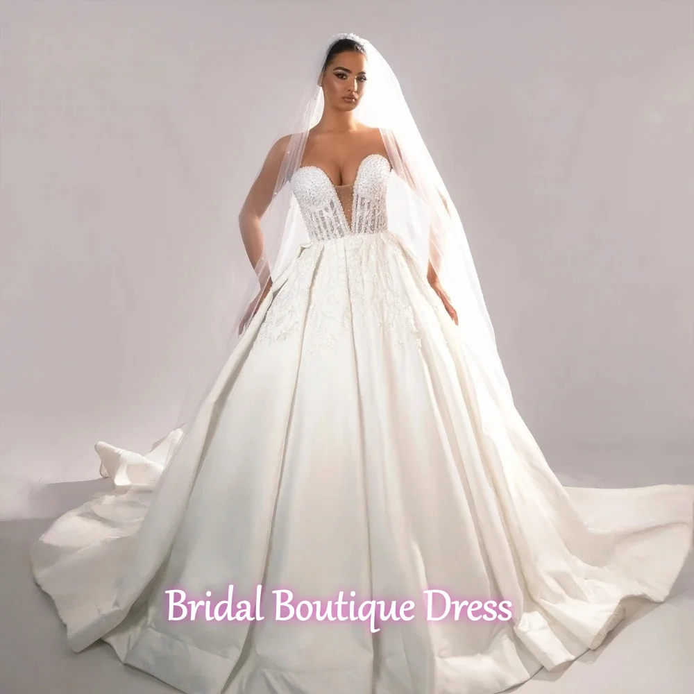 Customized Exquisite Satin Ball Gown Wedding Dresses Beading Pearls Lace Off Shoulder Princess Bridal Gowns For Brides Vestido