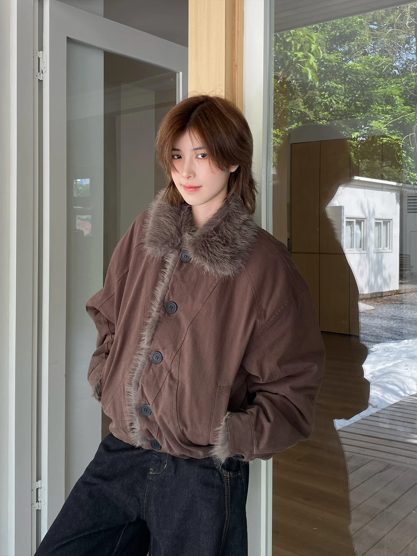 

Ja1 Short Thick Cotton Jacket with Fur Collar for Women Winter Warm Outerwear Commute Style Regular Sleeve Long Short Length