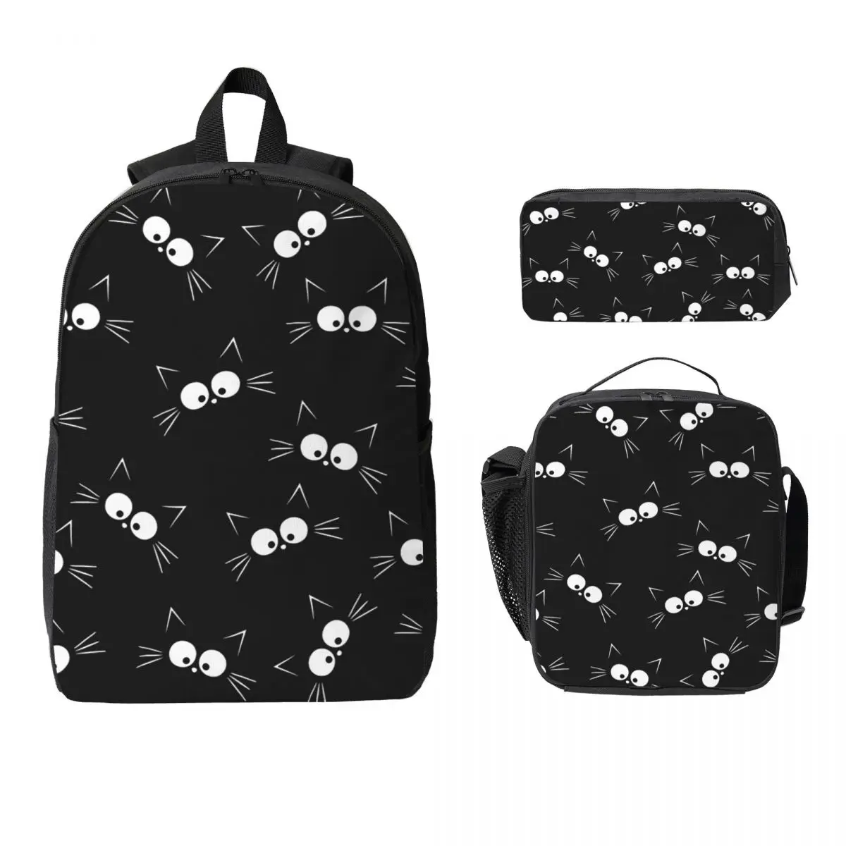 

Cute Black Cat Pattern Backpack Student Boys Girls BookBag School Bag Computer Shoulder Bags 3ps Insulated Lunch Bag Pencil Case