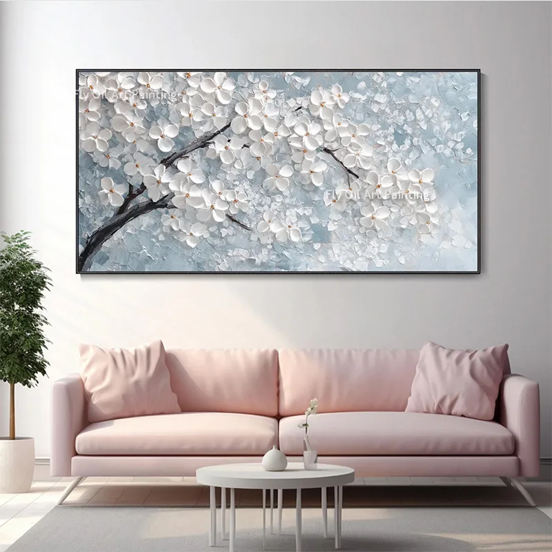 

White Orange Florals Tree Flowers Thick Canvas Artwork Special Design Abstract Oil Painting For Living Room Decor As Gifts