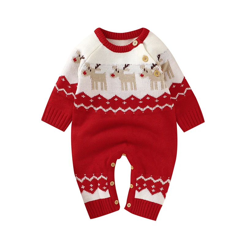 Baby Christmas Rompers Winter Long Sleeve Knit Newborn Boys Girls Outwear Jumpsuits Red Reindeer Toddler Playsuits Clothes 0-18m