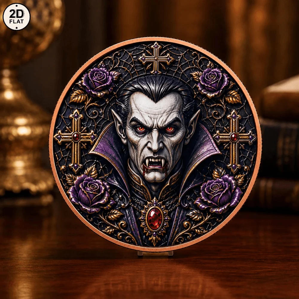 1pc 1oz Dark Fantasy Copper Coin Vampire Count Dracula with Purple Roses Souvenir Coin Present Collectible Decor for Gothic Fans