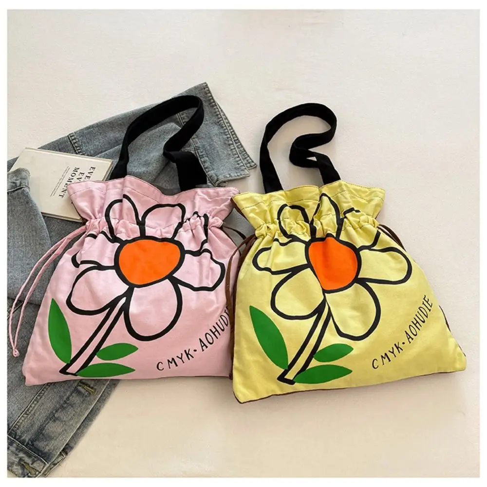 

Vintage Korean Style Flower Shoulder Bag Fashion Printing Drawstring Bag Cute Large Capacity Printed Handbag Travel