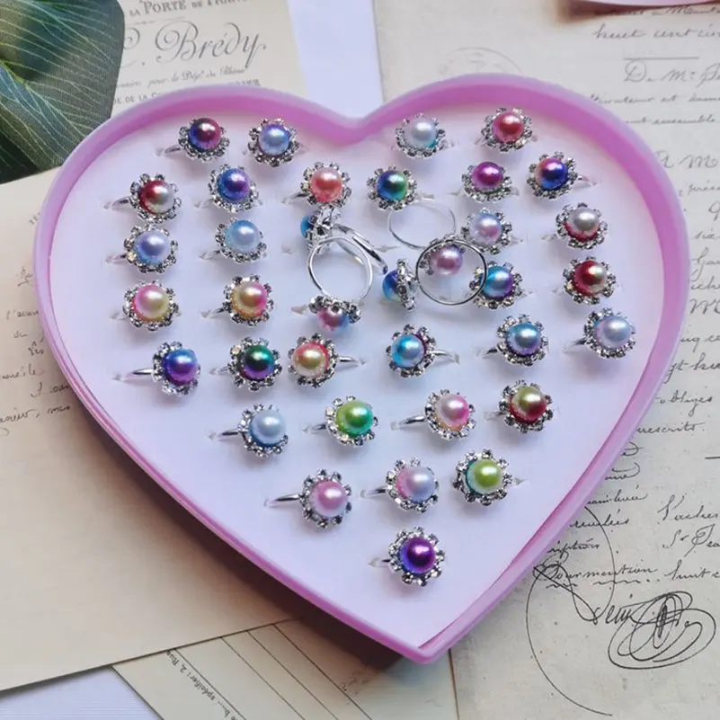 10pcs/Lot Big Pearl Rhinestone Flower Rings for Kids Girls Colored Bead Charm Alloy Finger Ring Child Jewelry Without box