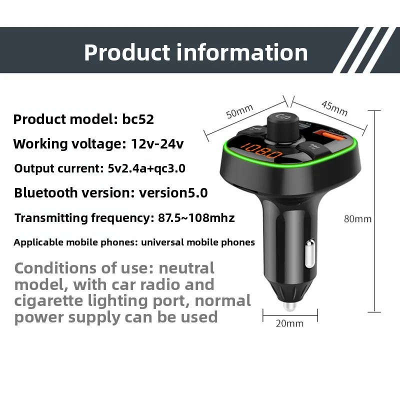 Tarjeta de inserción Mp3 para coche, USB Dual, venta al por mayor, QC3.0, carga rápida inteligente, reproductor Bluetooth para coche BC52, transmisor FM