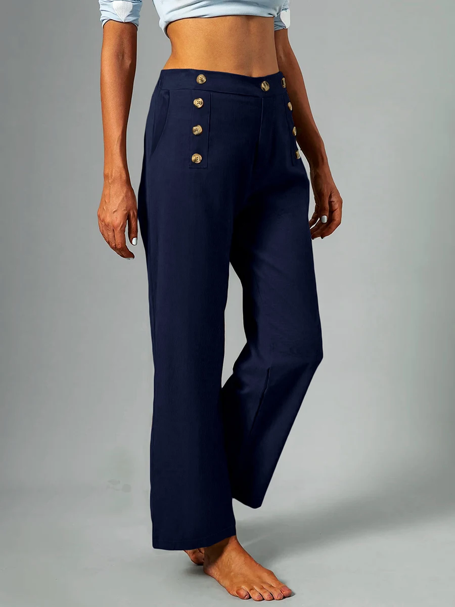 Elegant Women High Waist Wide Leg Autumn Winter Pants Sailor Button Decor Solid Color Trousers Streetwear Casual Pants for Women
