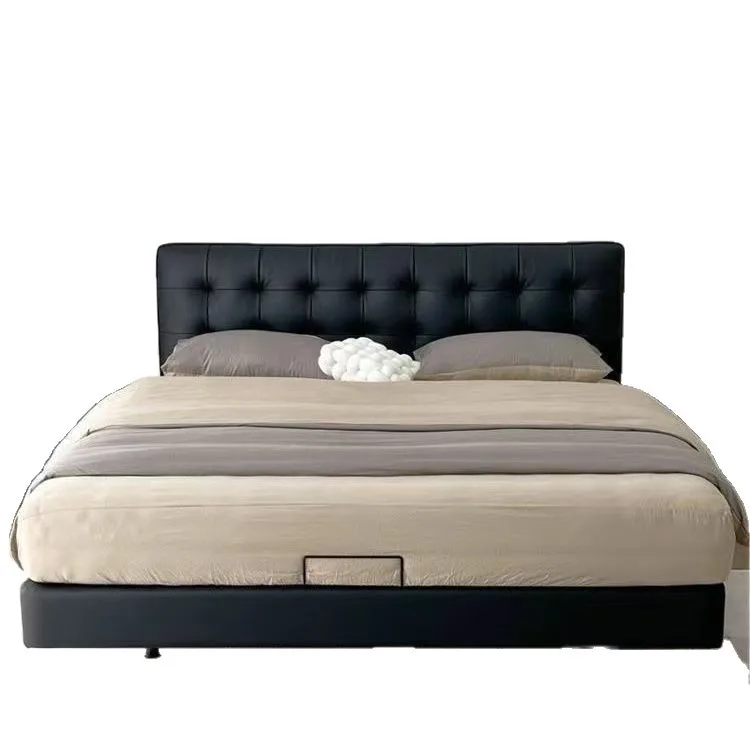 Row skeleton leather waffle cream style modern Italian minimalist Nordic high box bed