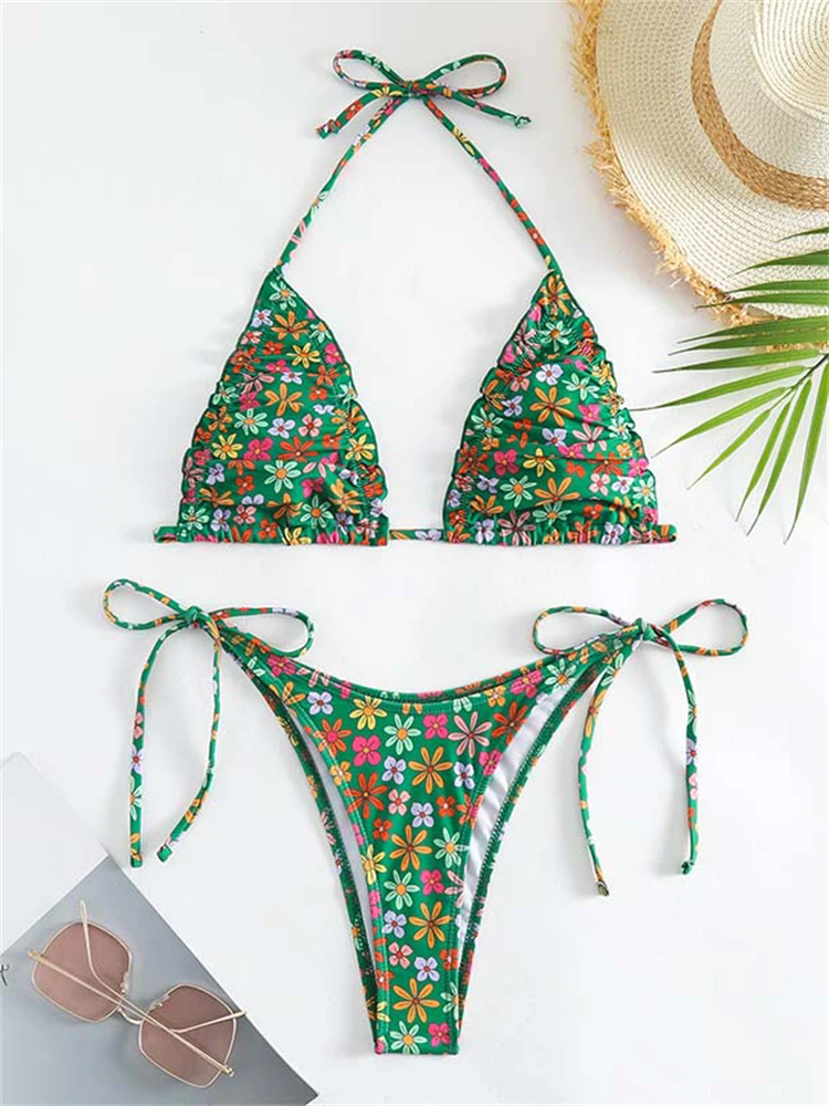 Bikini Women Swimsuit 2024 New Green Print Halter Bikinis Set Sexy Lace Up Swimwear Summer Two Piece Beach Bathing Suit Female