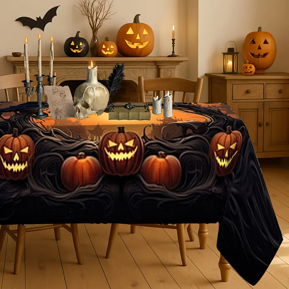 A Halloween tablecloth featuring terrifying designs of pumpkins and bats, perfect for the occasion.zyc