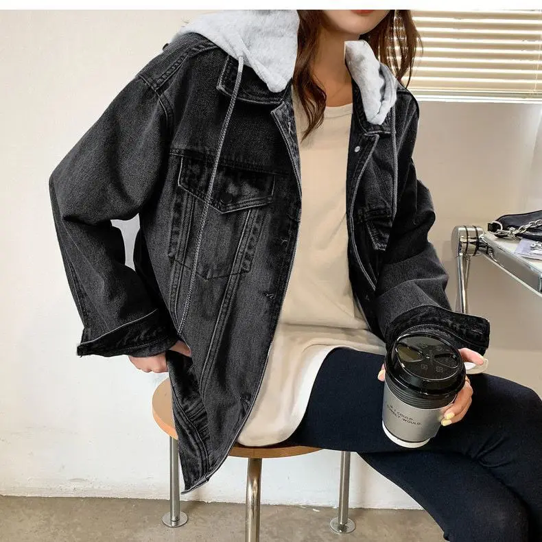 

Fall Collection Light Wash Korean-inspired Oversized Women's Hooded Denim Jacket Casual Coat Trendy Streetwear Top Outerwear