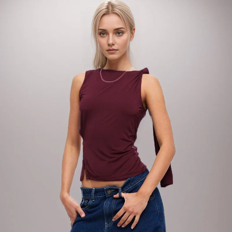 Apprabant Solid Round Neck Sleeveless Top Sexy Hollow Out Backless Split Button Slim Fit Sweet Cool Spliced  Pullover T-shirt