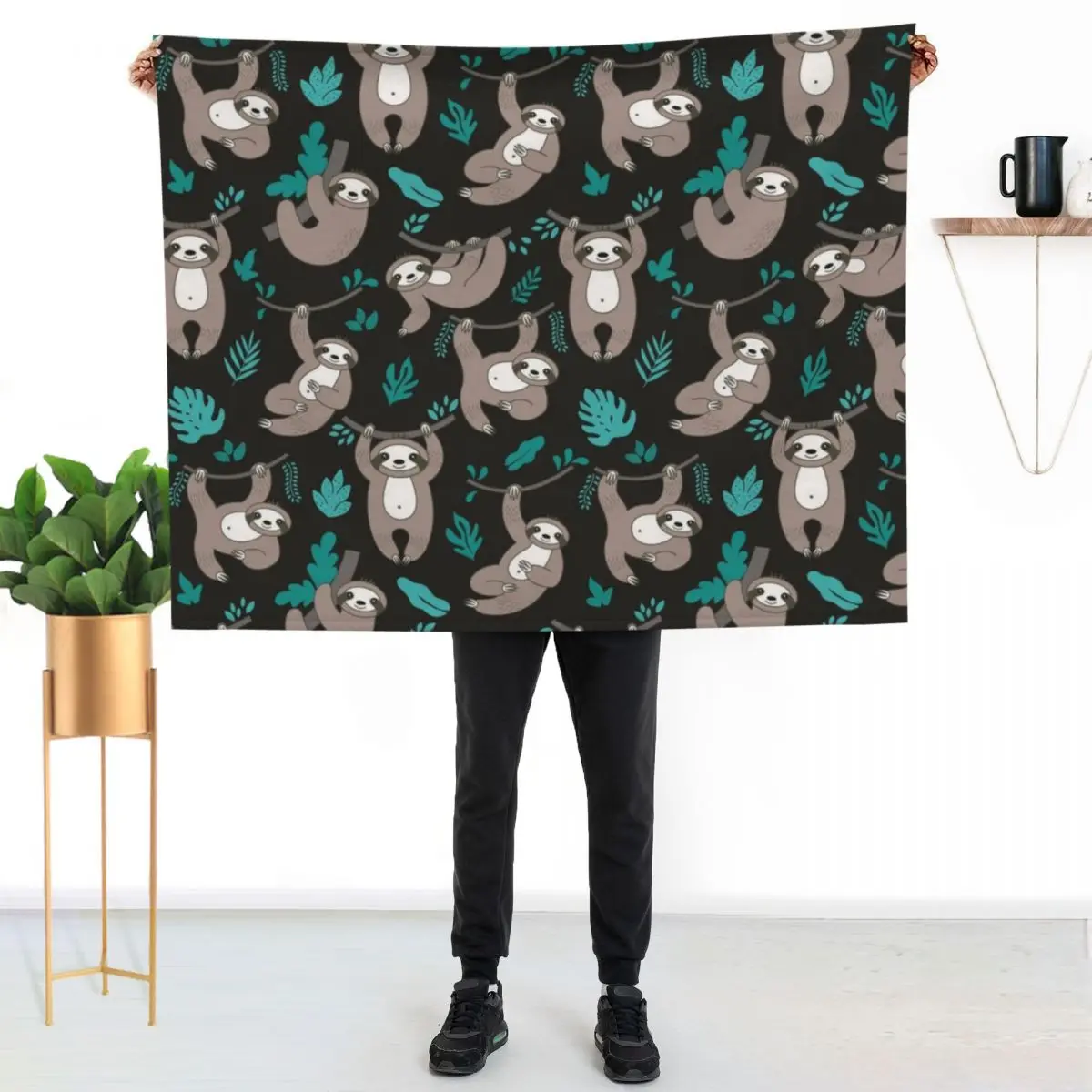 

Lazy Sloths on Black Background Throw Blanket Warm Accent Blanket for Living Room Decoration