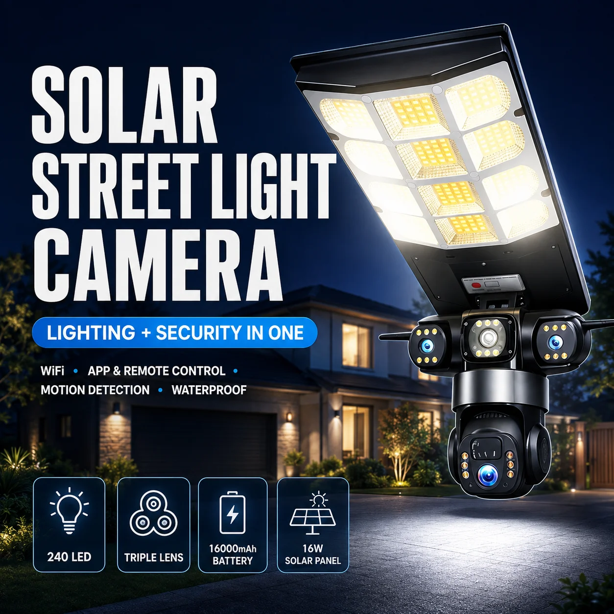 15MP WiFi Solar Street Light Security Camera Triple Lens 10X Zoom LED Night Vision 16W Solar Panel V380 Pro Outdoor CCTV