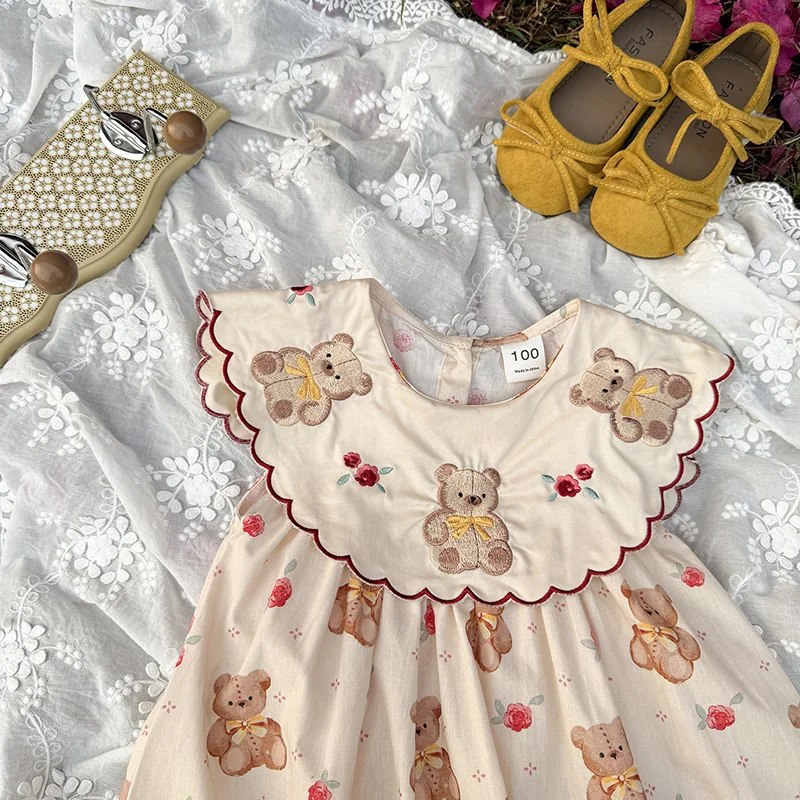 Baby Collar Retro Teddy Bear Embroidered Girls' Dress 2026 Summer New Style Sleeveless French Baby Dress Wholesale
