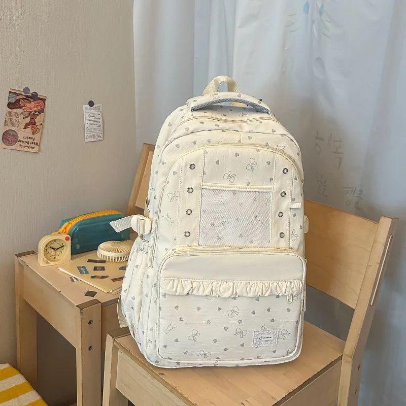 Korean Style Pleated Lace Backpack for Women Lightweight Schoolbag Daily Travel Commuting Storage Bag Girl Exploration Bag