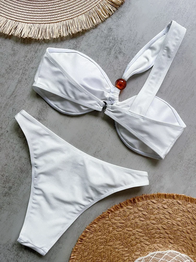 Sexy Solid Single Shoulder Bikini 2 Piece Set Women Split Swimsuit High Waist Beach Bikini 2025 New Summer Swimwear Bikinis Set