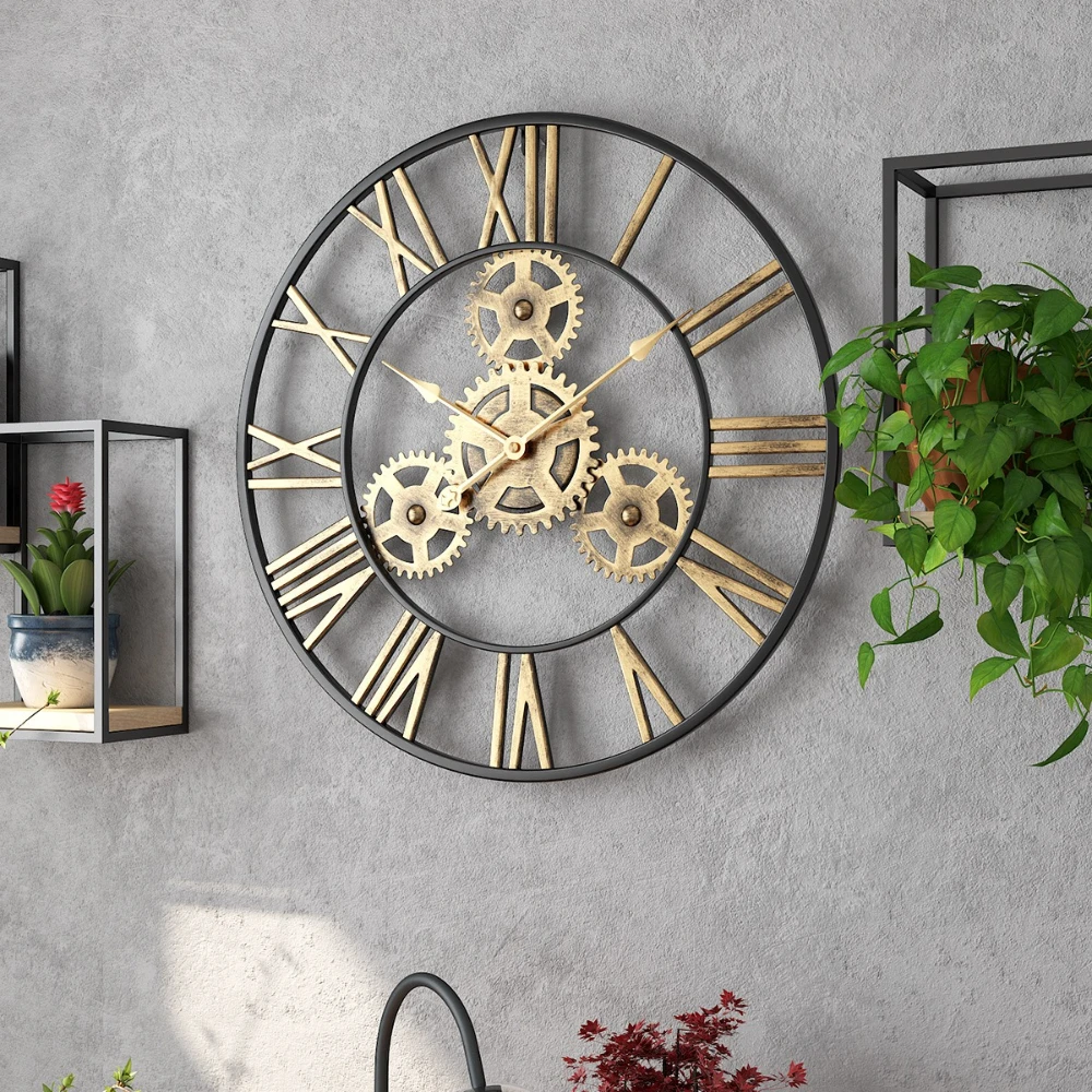 40cm Roman Digital Iron Wall Clock Creative Home Decoration Living Room Study Silent Industrial Style Gear Metal Wall Watch