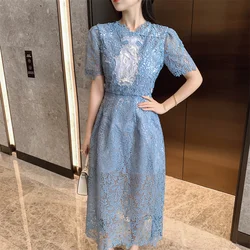 Runway Fashion Summer Blue Lace Hollow Out Party Dress Luxury New Women O Neck Flower Embroider Pearls Beaded Slim Midi Vestidos