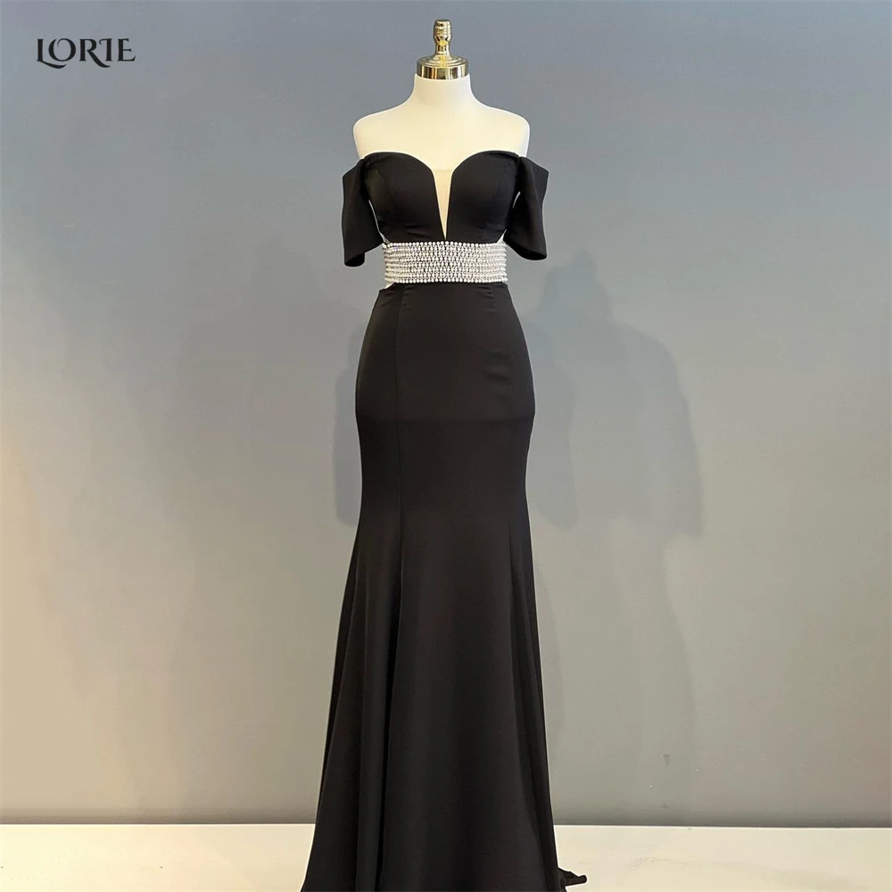 

LORIE Black Evening Dresses Off Shoulder Mermaid Pearls Solid Formal Prom Dress Skinny Saudi Arabia Dubai Celebrity Party Gowns