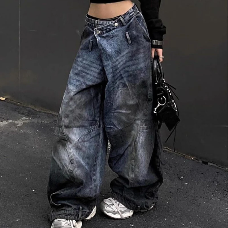 American Vintage Street Jeans Women Harajuku Y2K Loose Lazy Denim Pants Hiphop Irregular Casual Gothic Wide Leg Trousers