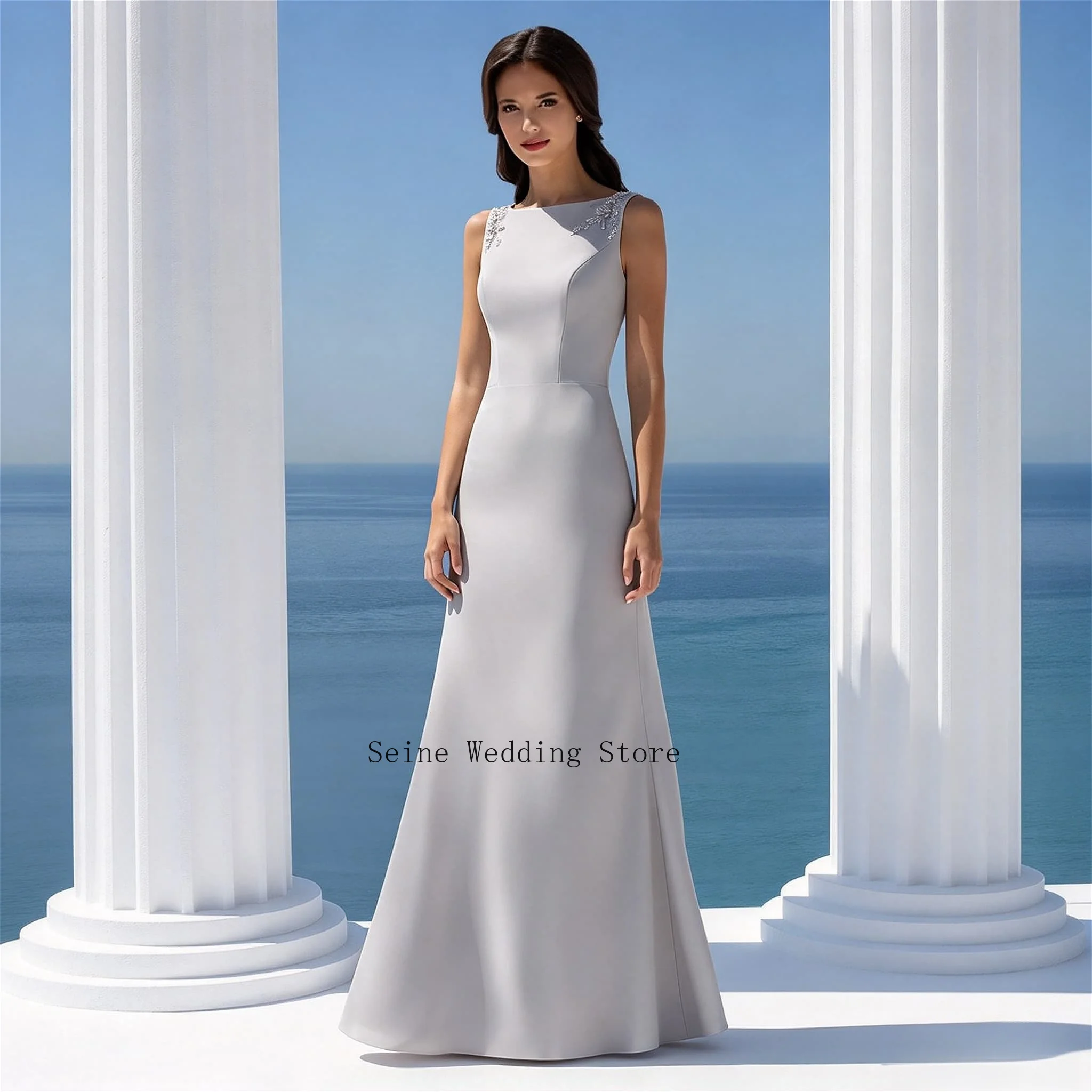 Mermaid Long Chiffon Mother of The Bride Dress with Lace Applique Bateau Neck Sleeveless Formal Wedding Party Evening Dresses
