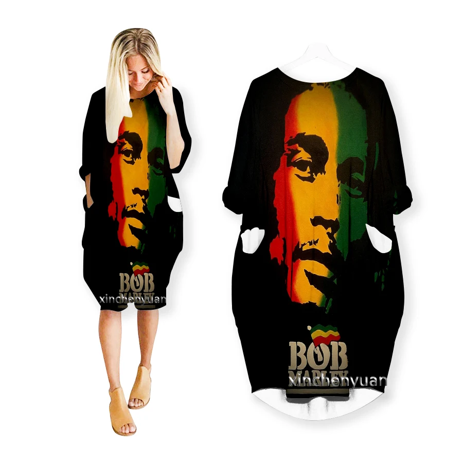 phechion New Fashion Bob Marley 3D Print Dresses Casual Mid-length Dress Women Clothing Pocket Long Sleeve Tops T53