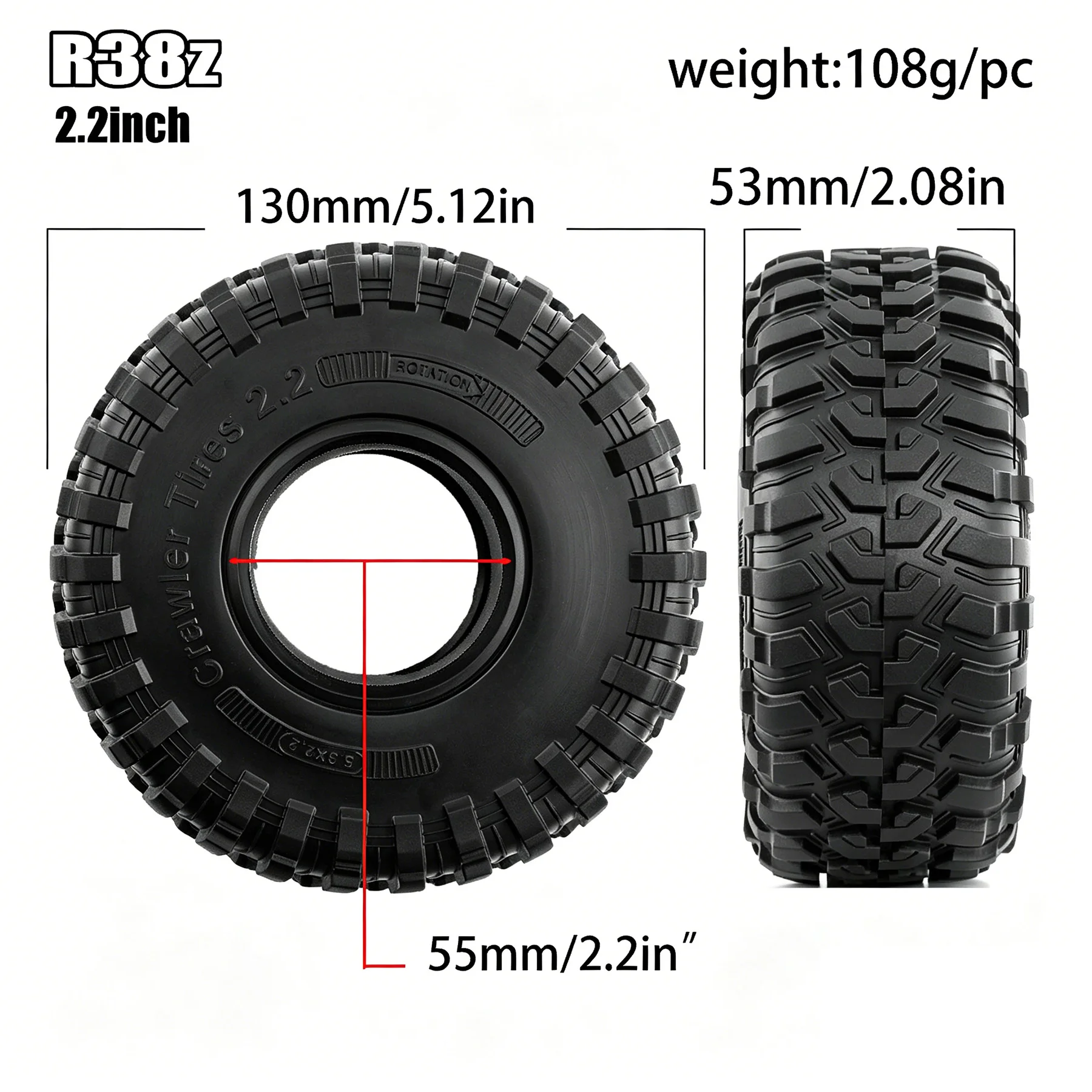 2.2 RC Crawler Tires with Foam Inserts 4PCS 130mm Soft Rubber Mud Terrain Tires for 1/10 RC Crawler Car TRX4 SCX10 Capra Gen8