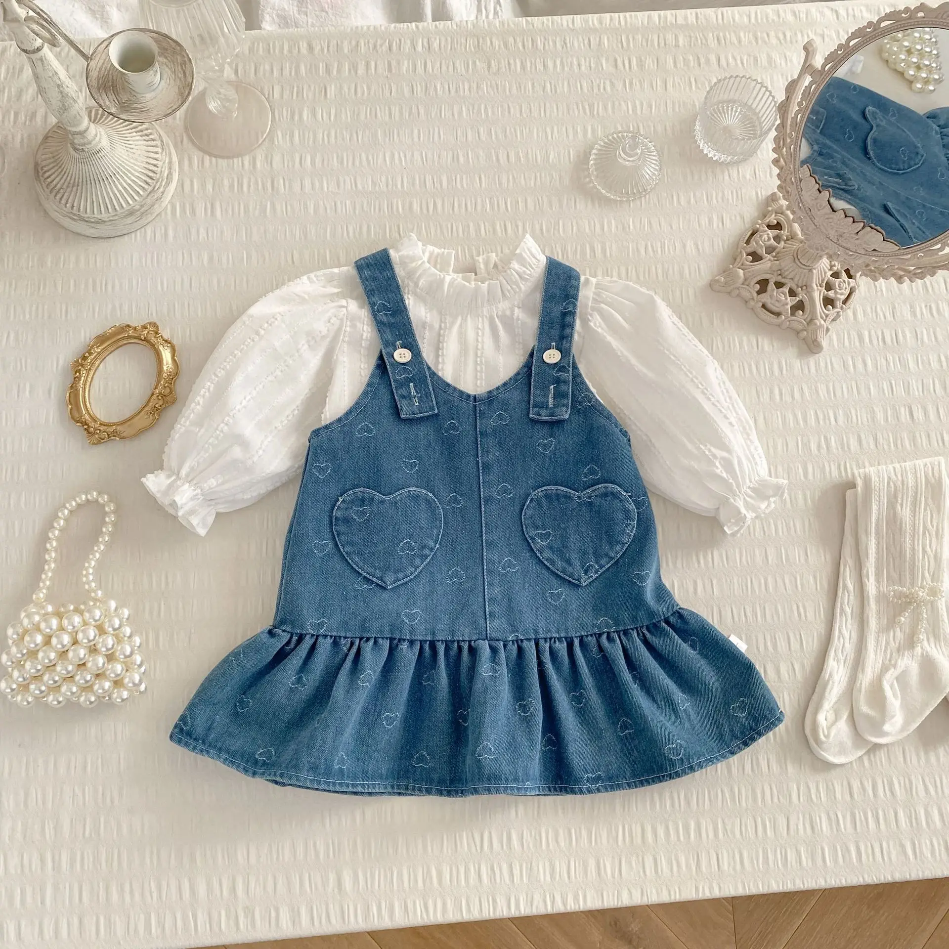 2026 Spring New Baby Girl Sleeveless Denim Dress Cotton Infant Girls Dress Toddler Sweet Heart Strap Dress Children Clothes