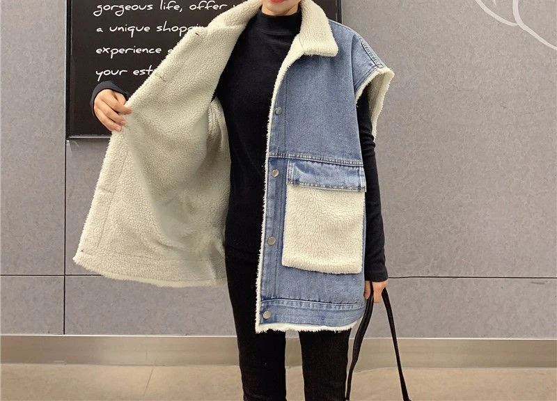 2025 Denim Loose Medium To Long Lambhair and Plush Thick Vest Splicing Jacket