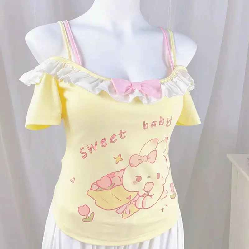 Sweet Cute Lolita Crop Tops Women Y2k Aesthetic Cartoon Bunny Print Bow T-shirt Japanese Casual Off Shoulder Tees Kawaii Y2k Top