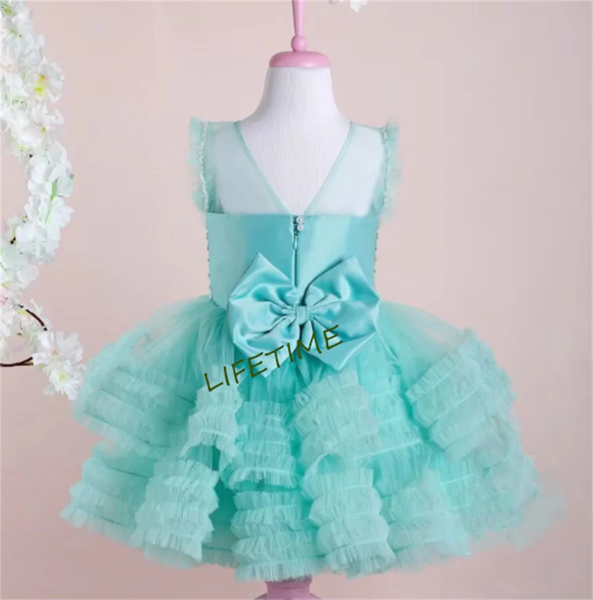 Funkelndes rosa Baby-Mädchen-Kleid mit Perlen verziert, Kinder-Couture-Puffy-Prinzessin-Kostüm, Mädchen-Geburtstagskleid, große Schleife, 12 m, 18 m, 24 m