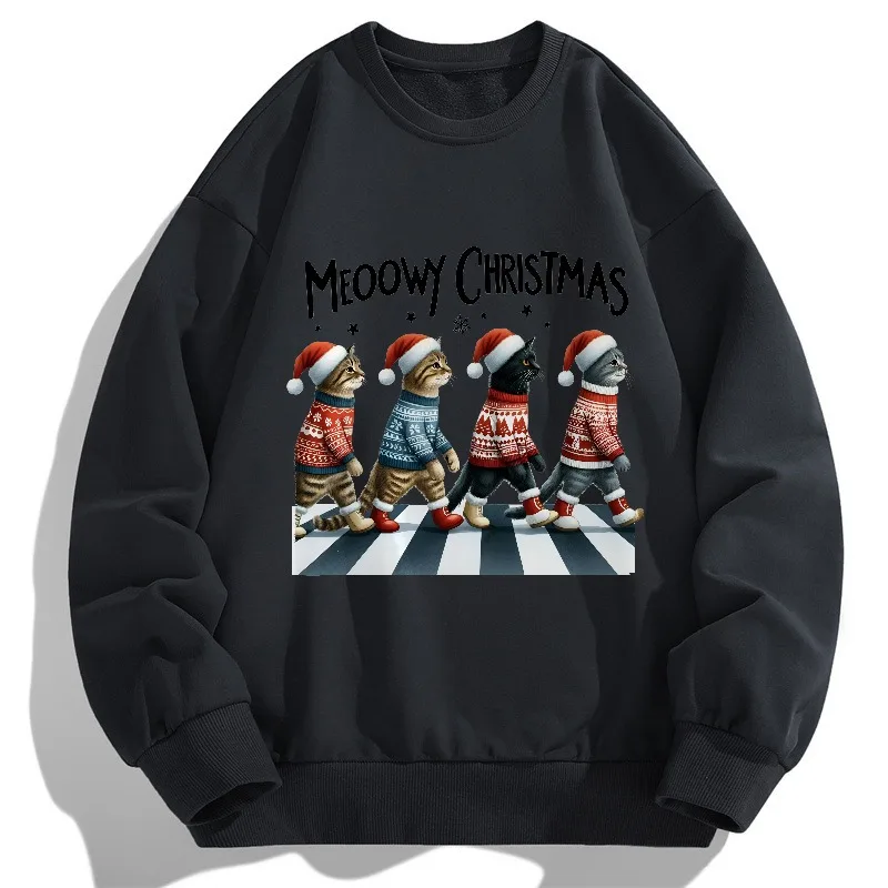 

2025 Four cats celebrating Christmas graffiti print Spring Autumn Casual T Shirt Long Sleeve O Neck Christma Pattern Breathable