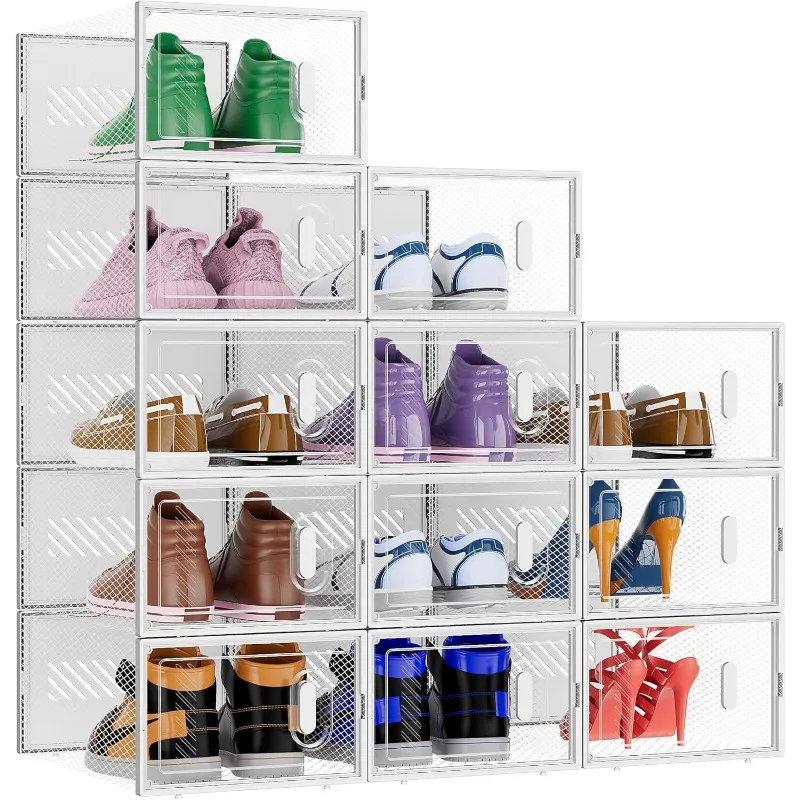 

12 Pack Stackable Storage Boxes Fit Size 11, Thickened Clear Box Bins with Lids, Plastic Foldable Rack Organizer