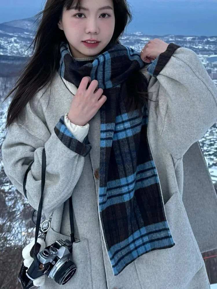 [EWQ] Scarf Collar Long Sleeve Plaid Double-faced Cashmere Coat Single Breasted Winter Warm Woolen Coat 2024 Autumn New 16O2035