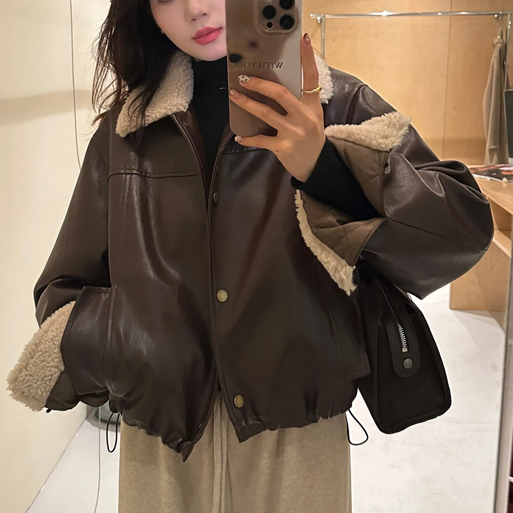 2024 Women Winter Warm Coat Furry Turn Down Collar Thick Warm PU Leather Coat Loose Style Jacket Women Tops Coat Casaco Feminino