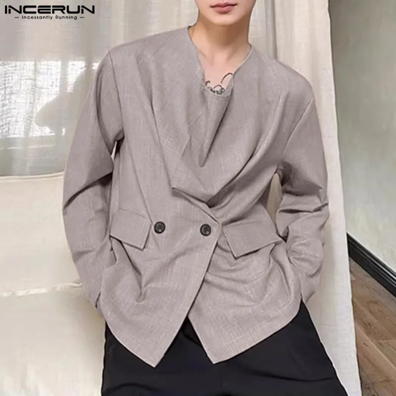 2024 INCERUN Men Casual Blazer Simple Heaps Collar Design Coats Long Sleeve Button Suit Elegant Handsome Tops Loose Male Jackets