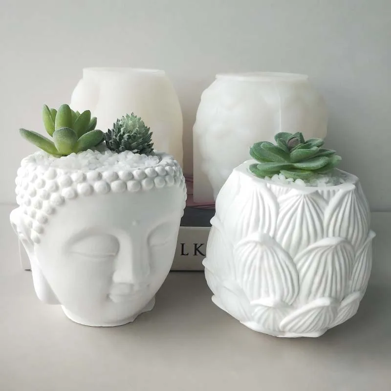 Concrete Flower Pot Silicone Mold DIY Resin Buddha Head Lotus Candle Holder Flowerpot Silicone Mold