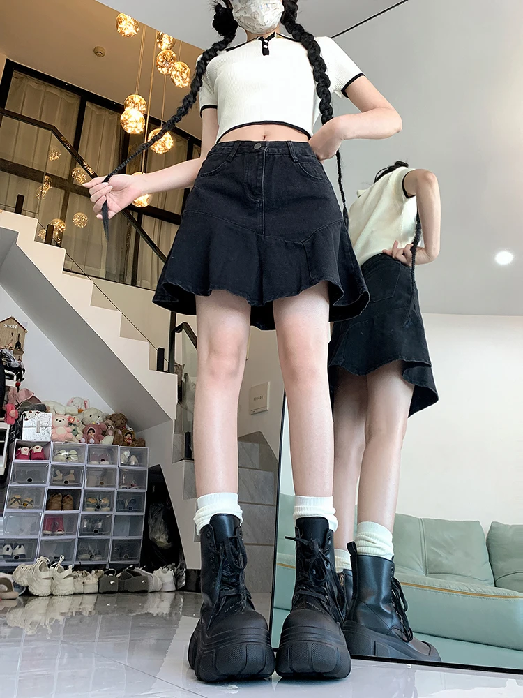 Falda acampanada de cintura alta, faldas vaqueras para mujer con dobladillo de encaje, faldas coreanas Sle con cierre de cremallera para ir al trabajo