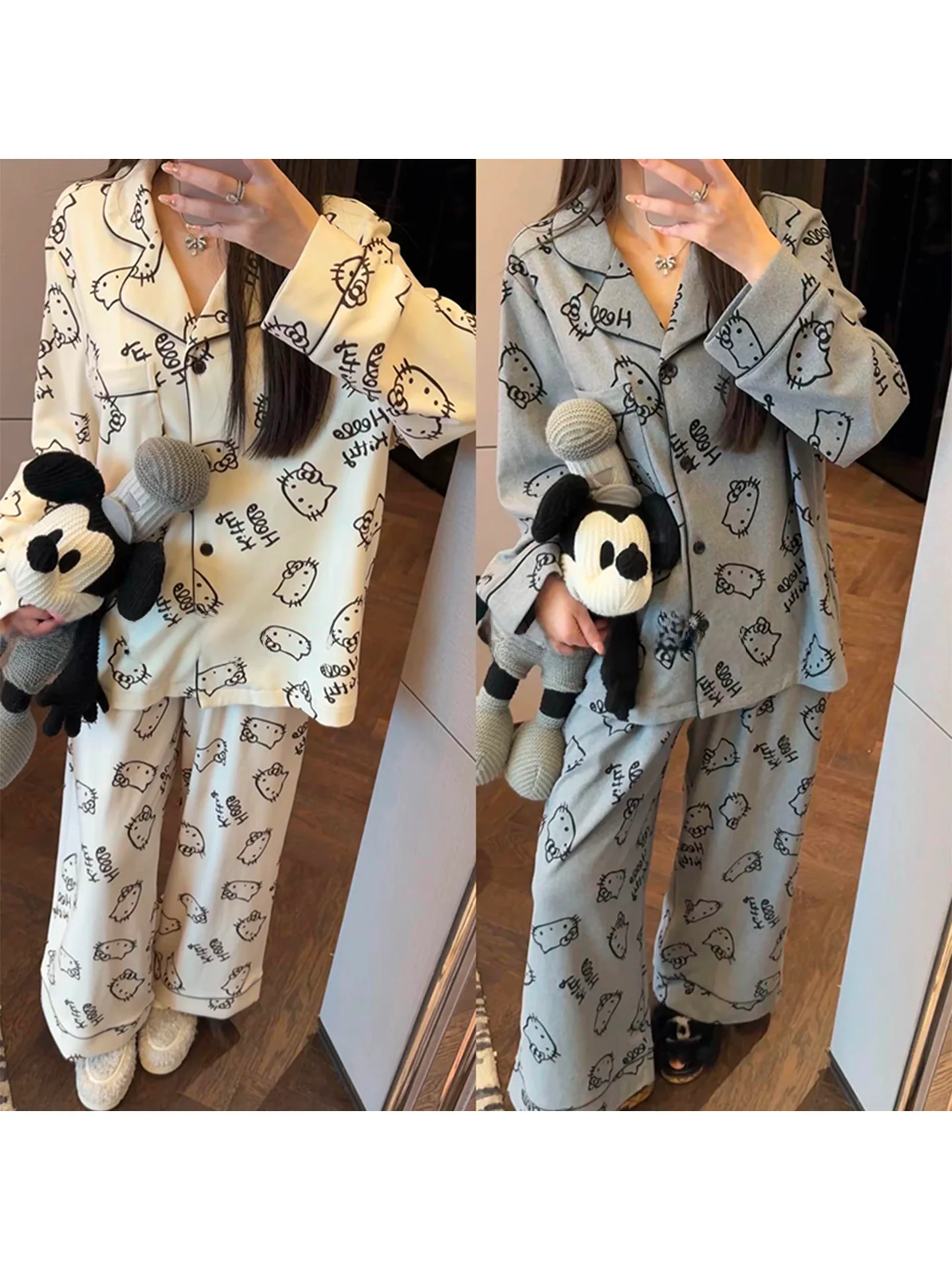 

Комплект домашней одежды: женский костюм с длинным рукавом и воротником, милый корейский стиль, осенне-зимний повседневный модный комплект