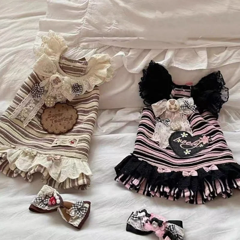 

Pet Striped Lace Flying Sleeve Strap Vest Mesh Bow Princess Skirt Spring Cute Top Pet Dog Dresses for Small Dogs Puppy Clothes