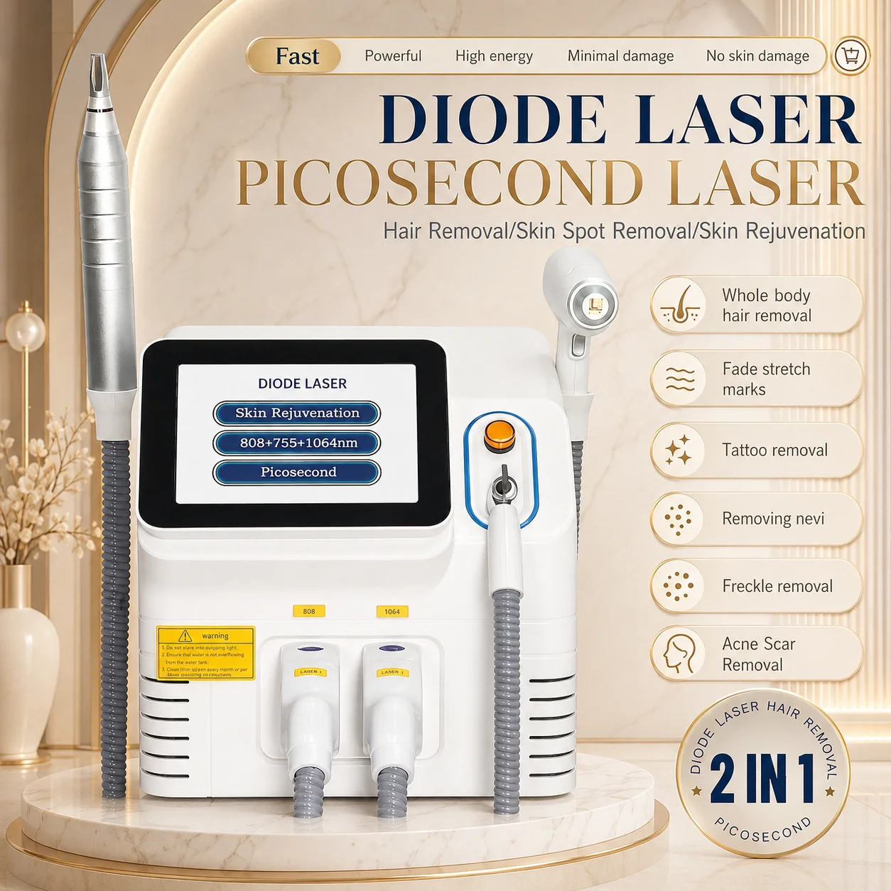 Professional 2 IN 1 Diode Laser Hair Removal Machine Picosecond Qswitch ND YAG 1064NM Tattoo Removal 4 Waves Device