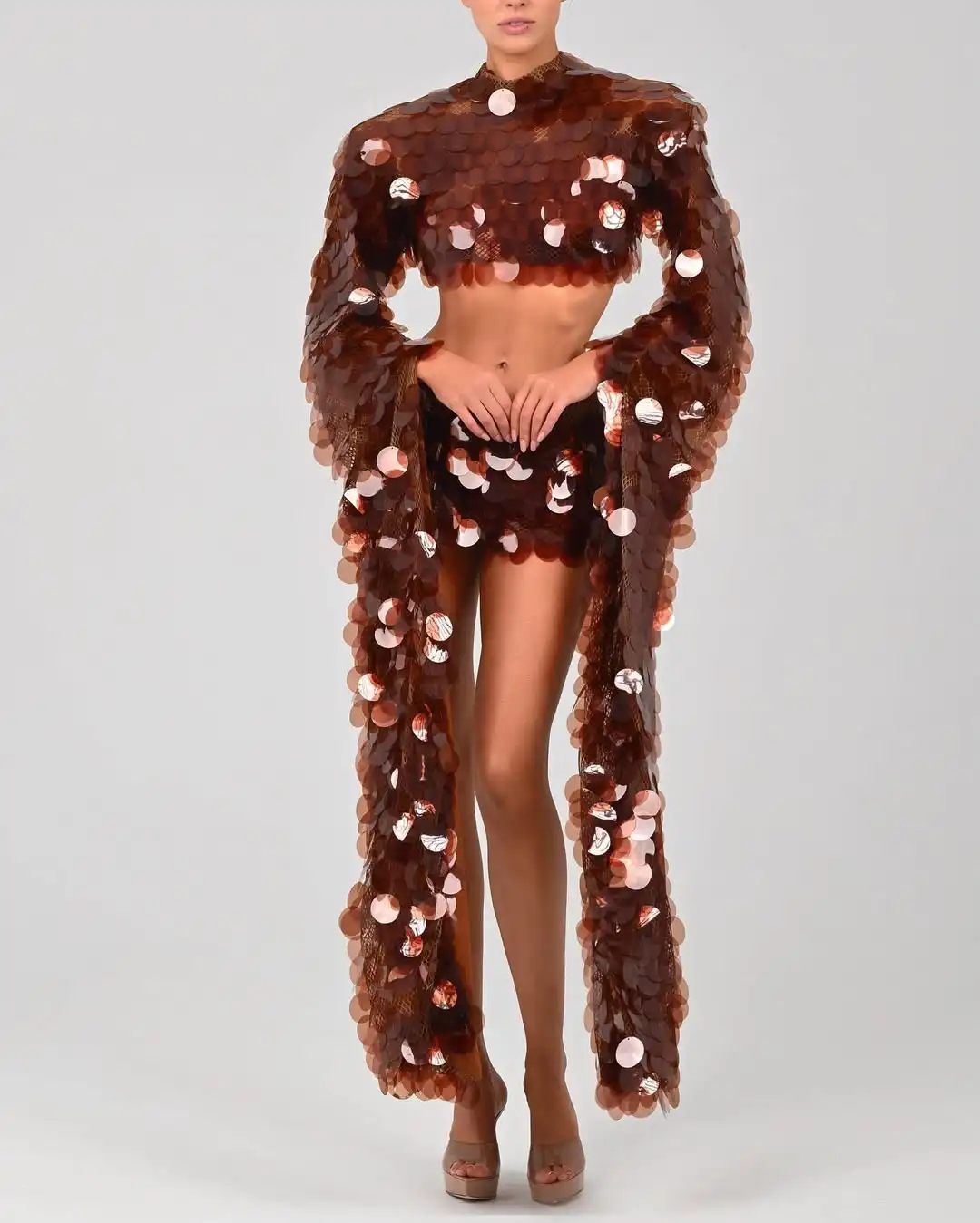 

2025 Big Sequins Two Pieces Dress Shiny Sequins Lace Coco Event Party Night Dress Long Sleeves 2 Pieces Prom Party Dresses