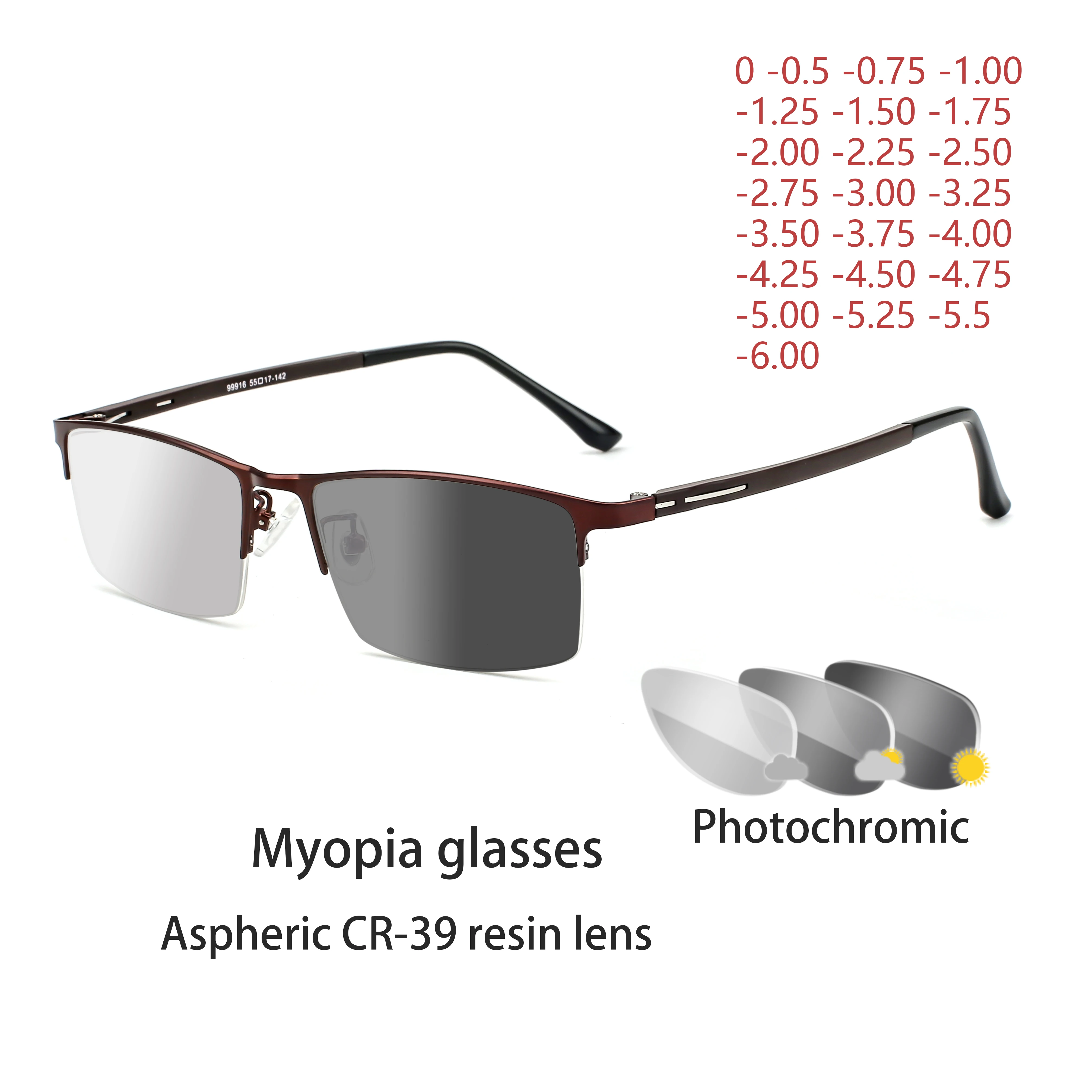 

New Sun Photochromic Myopia Eyeglasses Optical Men student Finished Myopia Eyewear prescription Glasses Frame Half Rim -1.0 -4.0