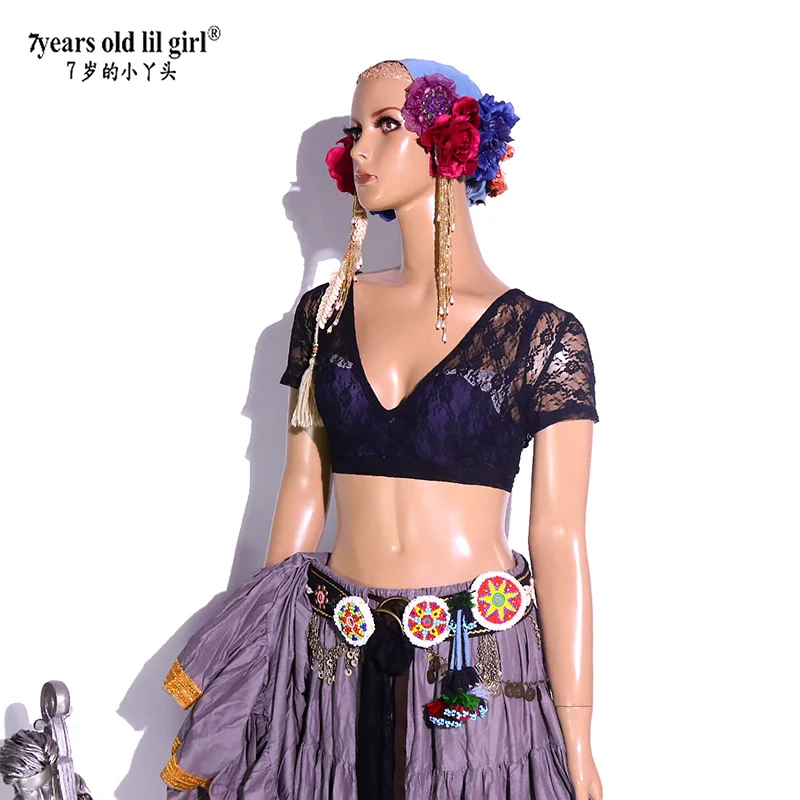 

Ats Tribal Belly Dance Top Lace choli Women's costume Short Sleeve BJ65