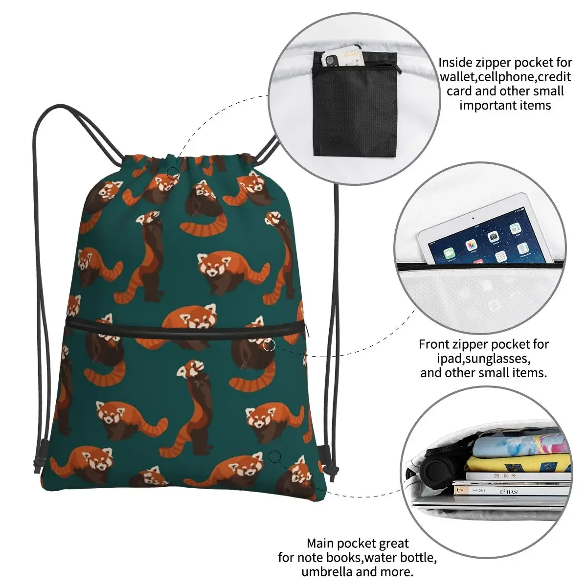 RED PANDA PATTERN Portable Backpacks Drawstring Bag Casual Drawstring Bundle Pocket Shoes Bags For School Students