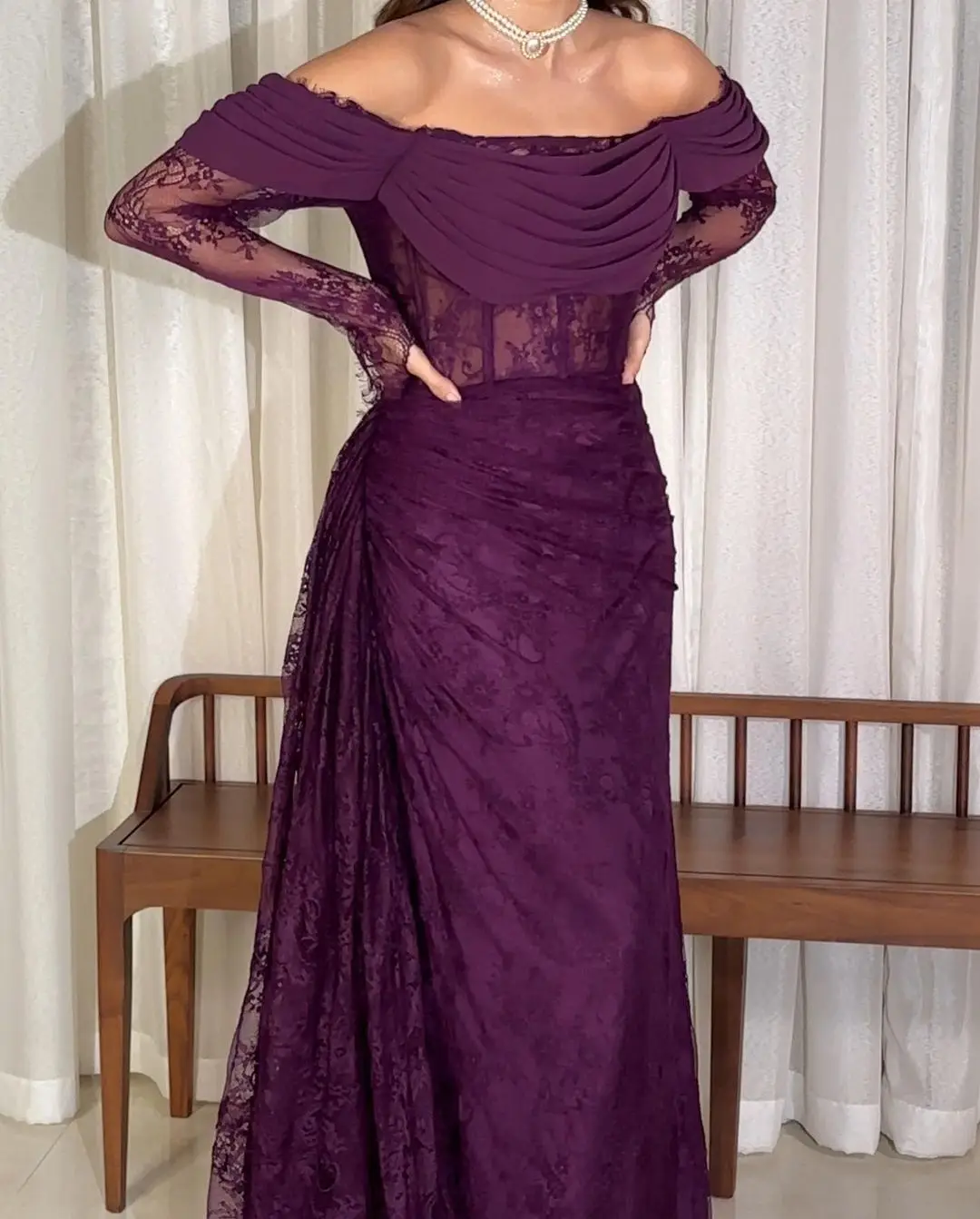 Customized Saudi Arabic Prom Dresses Lace Evening Dresses Long Sleeves Floor-length Party Dresses Vestidos De فساتين مناسبة image 4