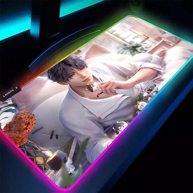 Alfombrilla de ratón para Gamer, alfombrilla para teclado LED PC Love And Deepspace Rafayel, alfombrilla para ratón de escritorio, Tapis de goma para Souris Gaming RGB, alfombrilla para ratón de Notbook