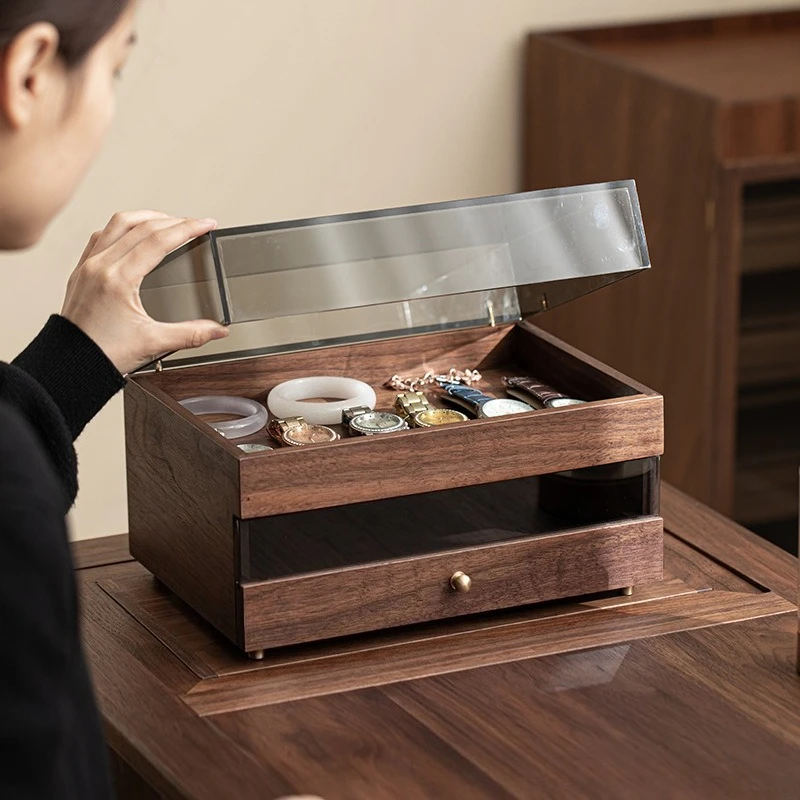 Walnut jewelry watch storage with drawer double layer coffee cup tea set plexiglass cover storage dust box